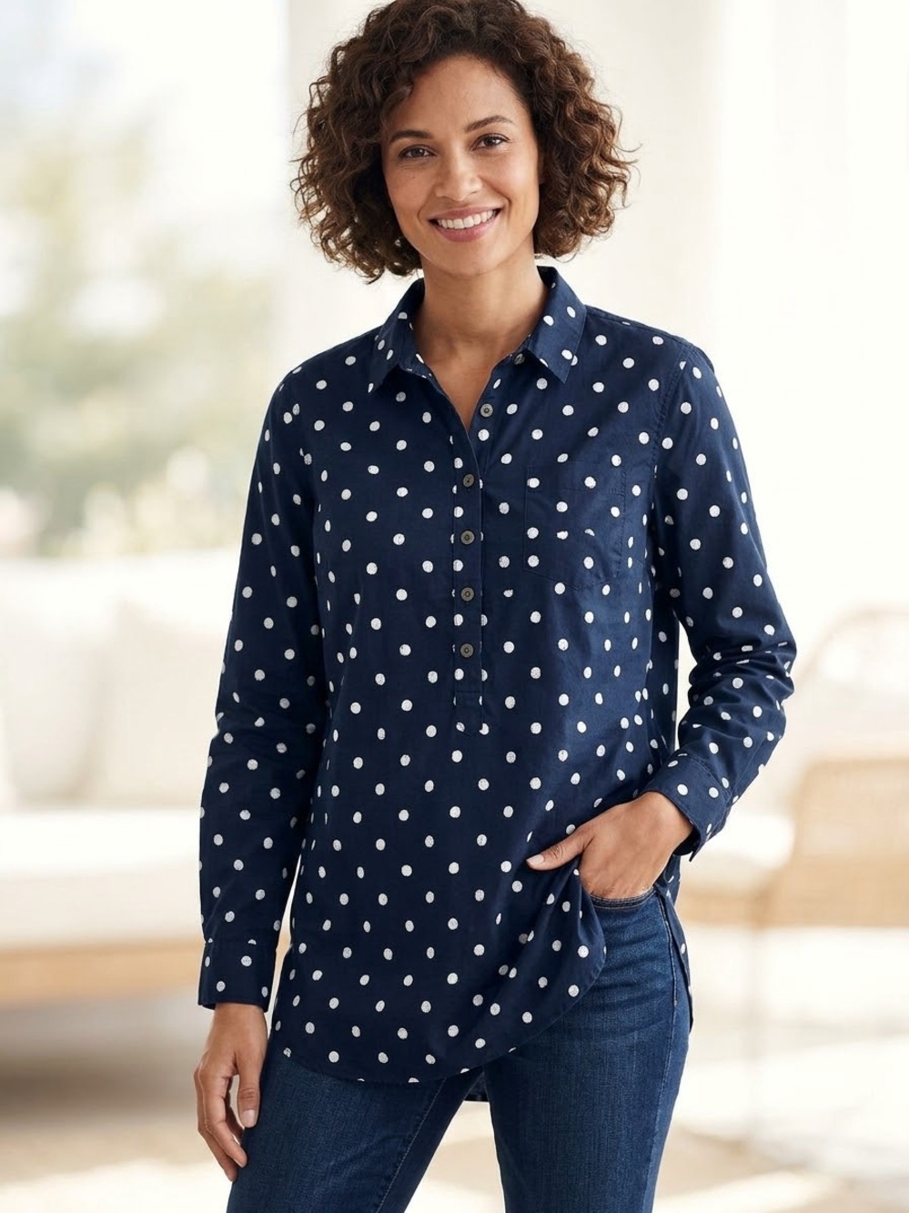 Lands' End Navy and White Polka Dot Popover Tunic